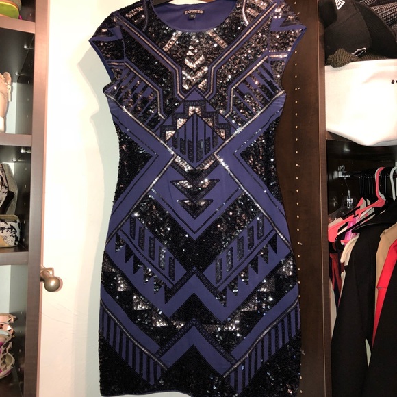 Express women’s blue and black Sequin dress size small - Picture 3 of 6